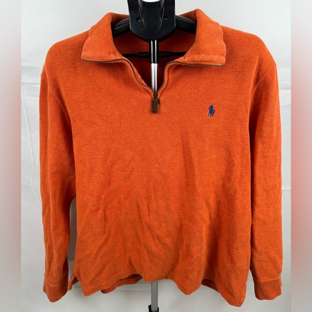 Polo Ralph Lauren Orange Quarter Zip Sweater Pony Logo Cotton Pullover Size L